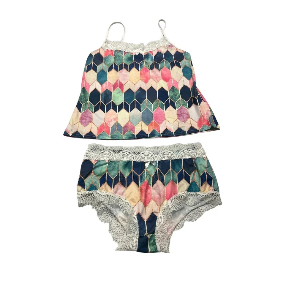 Geometric Diamond Print Pajama Set Lace Camisole and Shorts‎ 2Piece Sleepwear